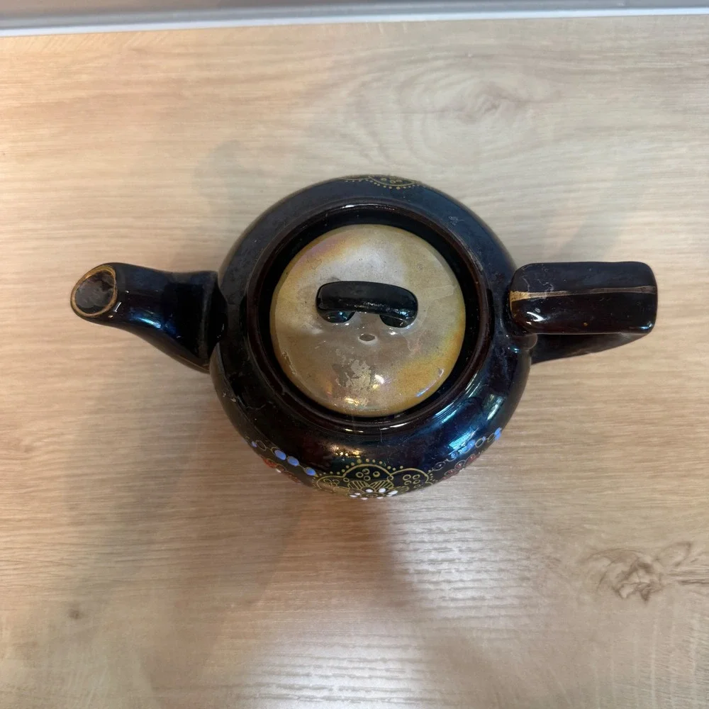 Vintage Moriage Style Hand Painted Ceramic Teapot Brown Gold Floral Boho Decor